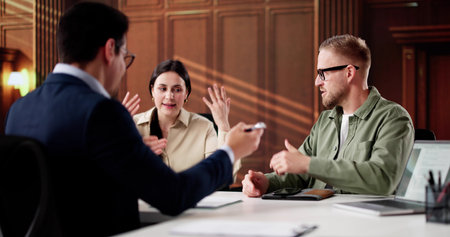 Young Couple Meeting With Family Divorce Lawyer For Financial Consulting.の写真素材