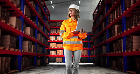 Woman Inspecting Cargo At Logistic Delivery Warehouse With Digitization Software.
