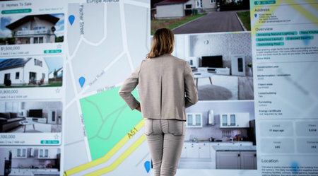 Virtual House Hunt: Young Woman Searches Online Real Estate Listingsの写真素材