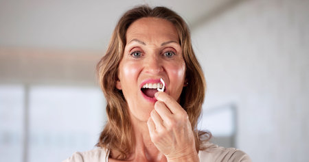 Woman Meticulously Cleaning Teeth With Dental Floss, Orthodontic Brace Visible.