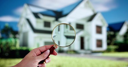 Woman Inspecting Luxury House With Magnifying Glass Outdoors, Real Estate Appraiser.