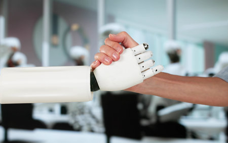 AI Robot And Human Woman Handshake In Corporate Meeting Bannerの写真素材