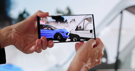 Surveying The Wreckage: A Woman Takes Photos After A Car Crash.