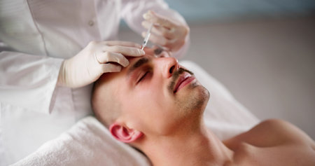 Male Plastic Surgeon Injecting Filler For Face Lift Proceduresの写真素材
