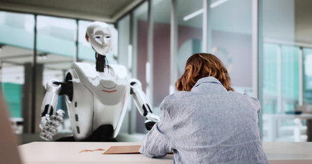 Woman Communicating With AI Robot During Job Interview In Office. Possible Professions: Recruiter,...
