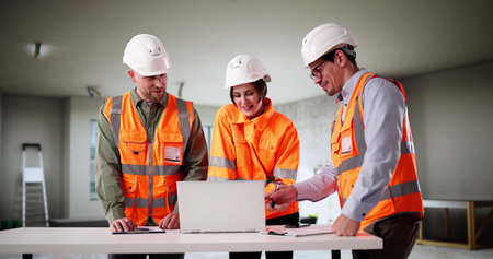 Engineers And Architects Examine Blueprints While Young Couple Watch Eagerly.の写真素材