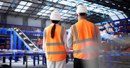 Warehouse Workers Strategize Packaging Process In Efficient Modern Distribution Center.の写真素材