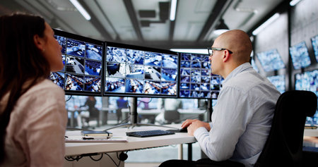 Security Manager Monitors Multiple CCTV Cameras For Surveillance Footage Control.