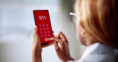 Urgent Call For Help: Woman Dialing Emergency Number On Phone.の写真素材