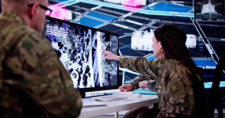 Technology Center Officer Analyzing Military Data On Army Computer System.