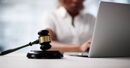 African American Woman Giving Online Legal Lecture On Technology Security.の写真素材