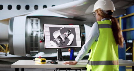 Technician Woman In African Aviation Industry Using Computer For Maintenance.の写真素材