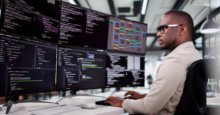 Web Developer Fine-Tuning Software Code At Cyber Office Desk