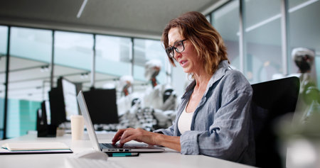 Smart Woman Codes AI Advisors To Replace Broken Robot Workforce.の写真素材