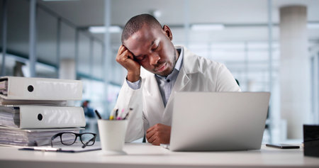 Exhausted Doctor Overwhelmed By Paperwork And Medical Codes, Sleepy Workaholicの写真素材