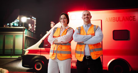 Emergency Paramedics From Rescue Service Provide First Aid At Night.の写真素材