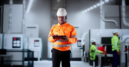 Quality Control Technician Inspecting Semiconductors With Laptop In Factory