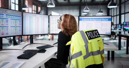 Police Woman On Patrol In Call Center Office Monitoring System.