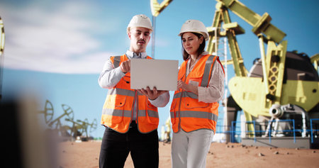Engineer Inspects Drill Rig And Pump In Desert Oil Field.