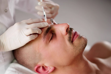 Male Plastic Surgeon Administers Filler Injection To Young Manの写真素材