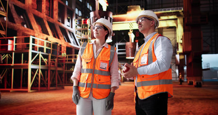 Workers At Steel Mill Ironwork Manufacturing Plant Ensure Quality Control.