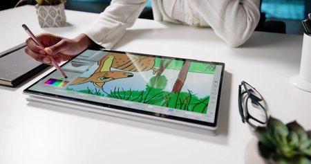 Hybrid Designer Creating Digital Game Art On Tablet At Office