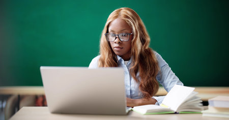 Dedicated African American Student Attending Virtual School From Home Today.