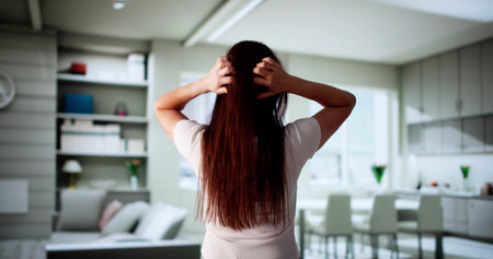Woman With Bad Hair Damage Scratches Itchy, Dry Scalp. Portrait.