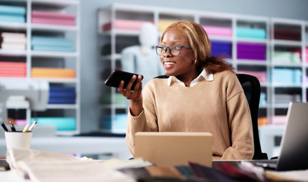Busy African American Woman Designing Clothing On Laptop In Office.の写真素材