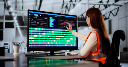 Female Engineer Operating Control Panel At Modern Factory Construction Siteの写真素材