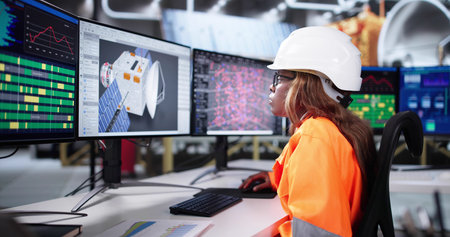 Black Female Engineer Drafts Satellite Model Using 3D CAD Software.の写真素材