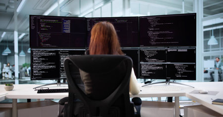 Female Web Developer Coding On Computer To Develop Code For Project.の写真素材