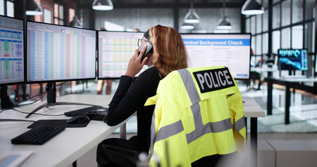 Female African American Police Officer Using Computer In Call Centerの写真素材
