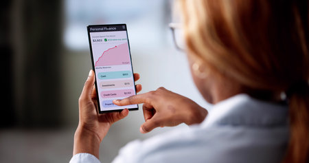 Young Black Woman Tracking Finance On Phone Web Account Hand. Accountant.の写真素材