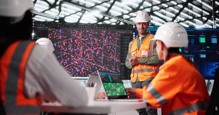 Multiracial AI Presenter Teaching Engineers Big Data For Industrial Automationの写真素材