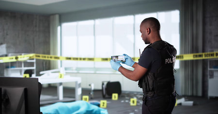 Forensic Photographer Captures Evidence At Crime Scene For Police Investigation.の写真素材