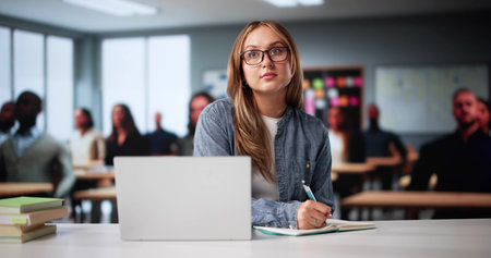 Virtual College Lecture: Young Student Using Laptop For Learningの写真素材