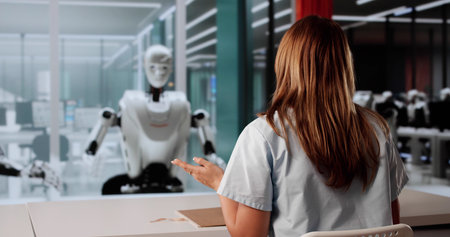 Young Woman In Medical Uniform Interviewing With AI Robot Recruiter.の写真素材