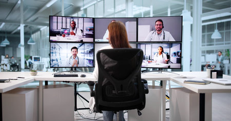 Female Doctor Hosting Online Cancer Conference On Computer Screens