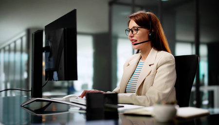Friendly Sales Support Specialist Wearing Headset In Busy Call Center