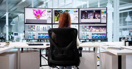 Woman Sitting At Desk, Creating Graphics For Web And Print.