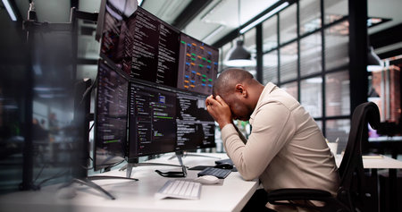 The Frustrated Programmer: A Sad Man Struggles With Software Development.の写真素材