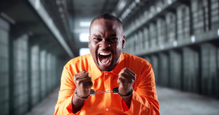 Incarcerated African American Man In Orange Uniform Standing By Bars.の写真素材