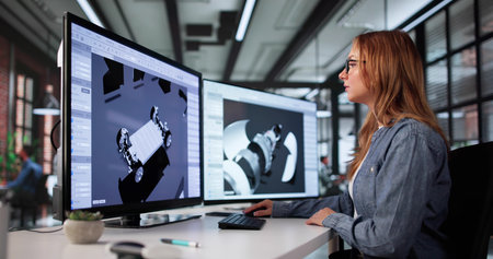 Female Architect Creating Blueprint Of Modern Building Using CAD Software.の写真素材