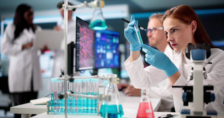 Multiracial Doctors In Laboratory Analyzing Data On Computer Screens Togetherの写真素材