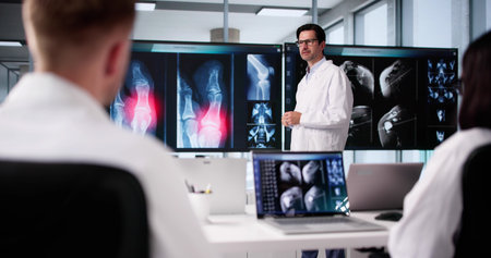 Radiologist And Doctor Lead Group Conference With Xray Analysis Team Of Doctors And Professor Watch...