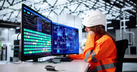 Female Engineer Faces Frustration Repairing Broken Computer At Factory Plant