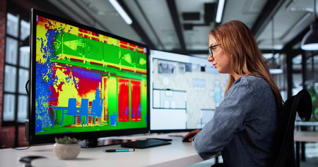 Woman Monitors House Heat With Efficiency On Computer Screen At Work.の写真素材