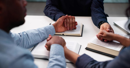 Multiracial Community Studies Bible Together, Praying For Unity And Peaceの写真素材