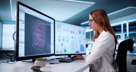 Innovative Woman Conducts Research In Lab Using Advanced Computer Technologyの写真素材